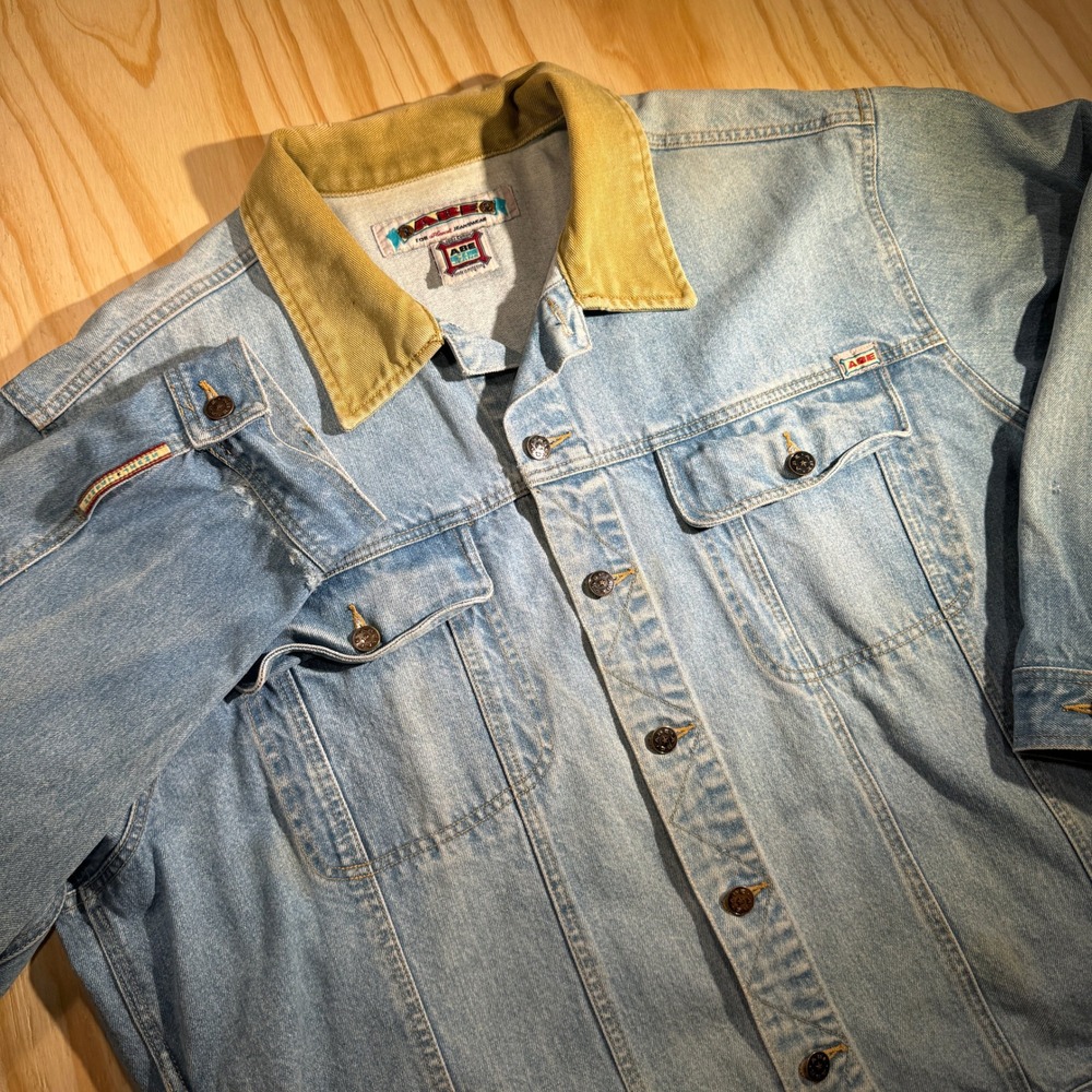 Abe Jeans Men's Light Wash Denim Trucker Jacket Tan Corduroy Collar Size XL